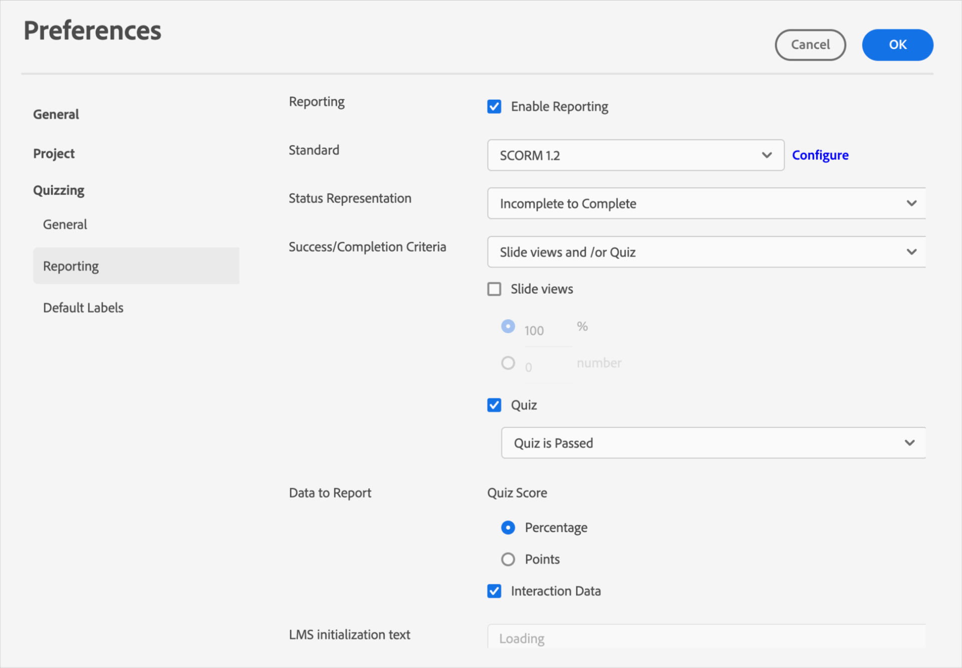 View the SCORM preferences