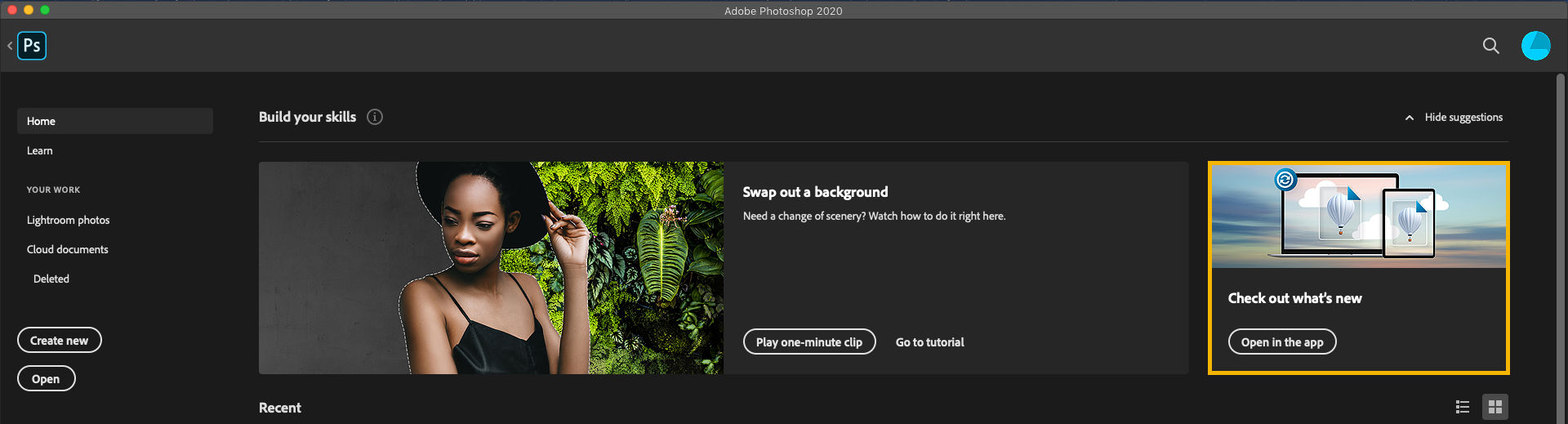 Het scherm met nieuwe functies in Photoshop