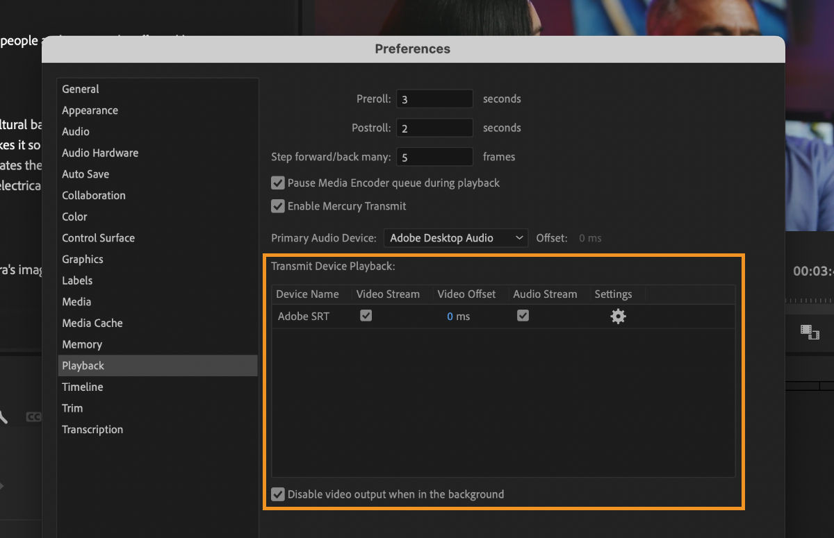 UI showing Adobe SRT option to enable you to stream your video and audio to different locations.