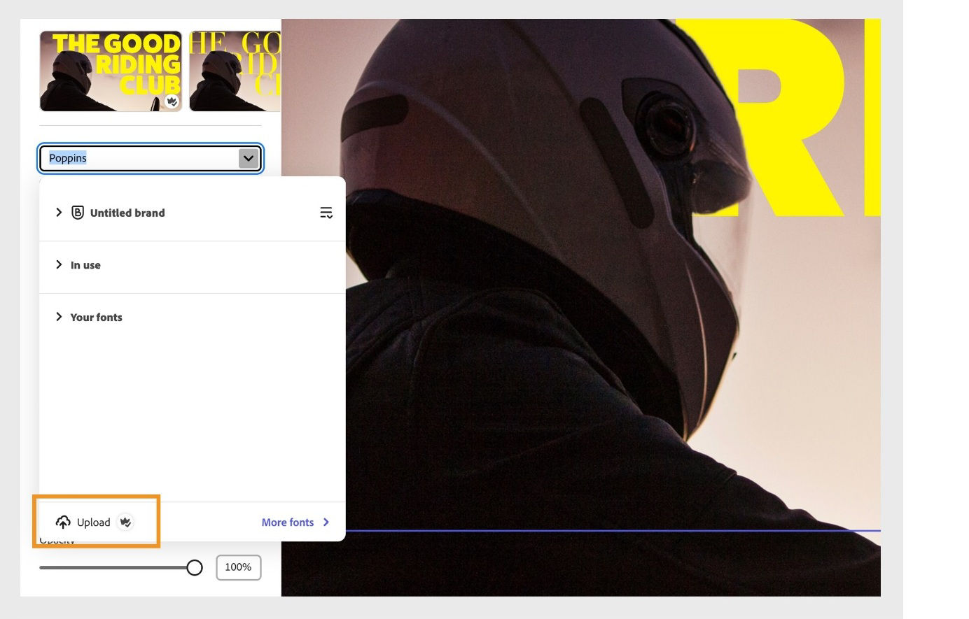 Image of a person wearing a helmet displayed on the canvas. The fonts dropdown menu is open in the text panel, with the upload button highlighted.||screenshot-add