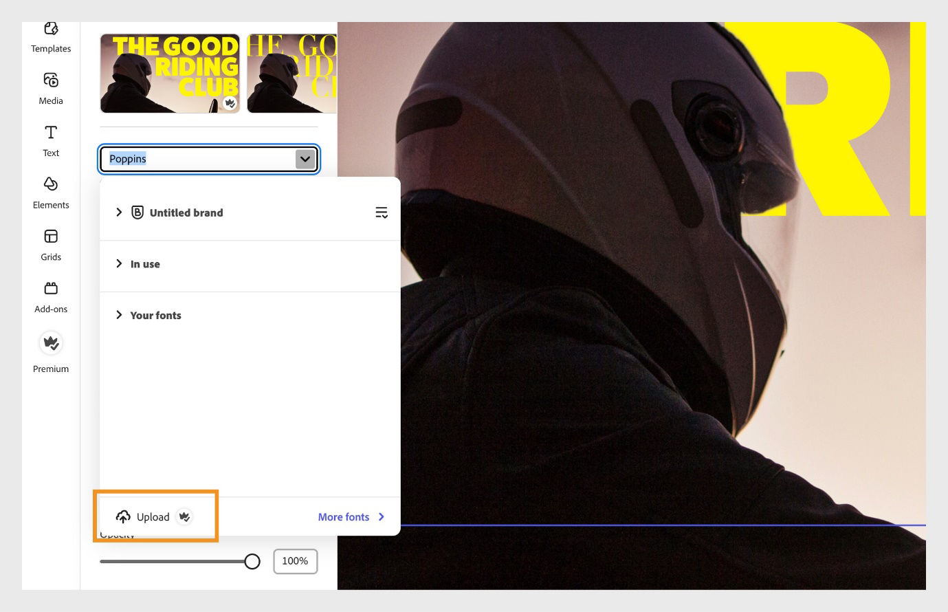 Image of a person wearing a helmet displayed on the canvas. The fonts dropdown menu is open in the text panel, with the upload button highlighted.||screenshot-add