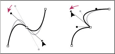 Adjusting direction lines on a smooth point (left) and a corner point (right)