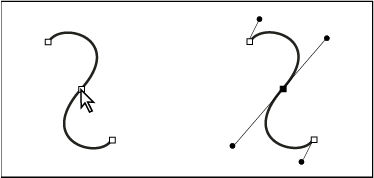 After selecting an anchor point (left), direction lines appear on any curved segments connected by the anchor point (right).
