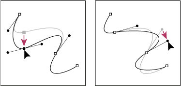 Dragging the anchor point (left), or dragging the direction point (right)
