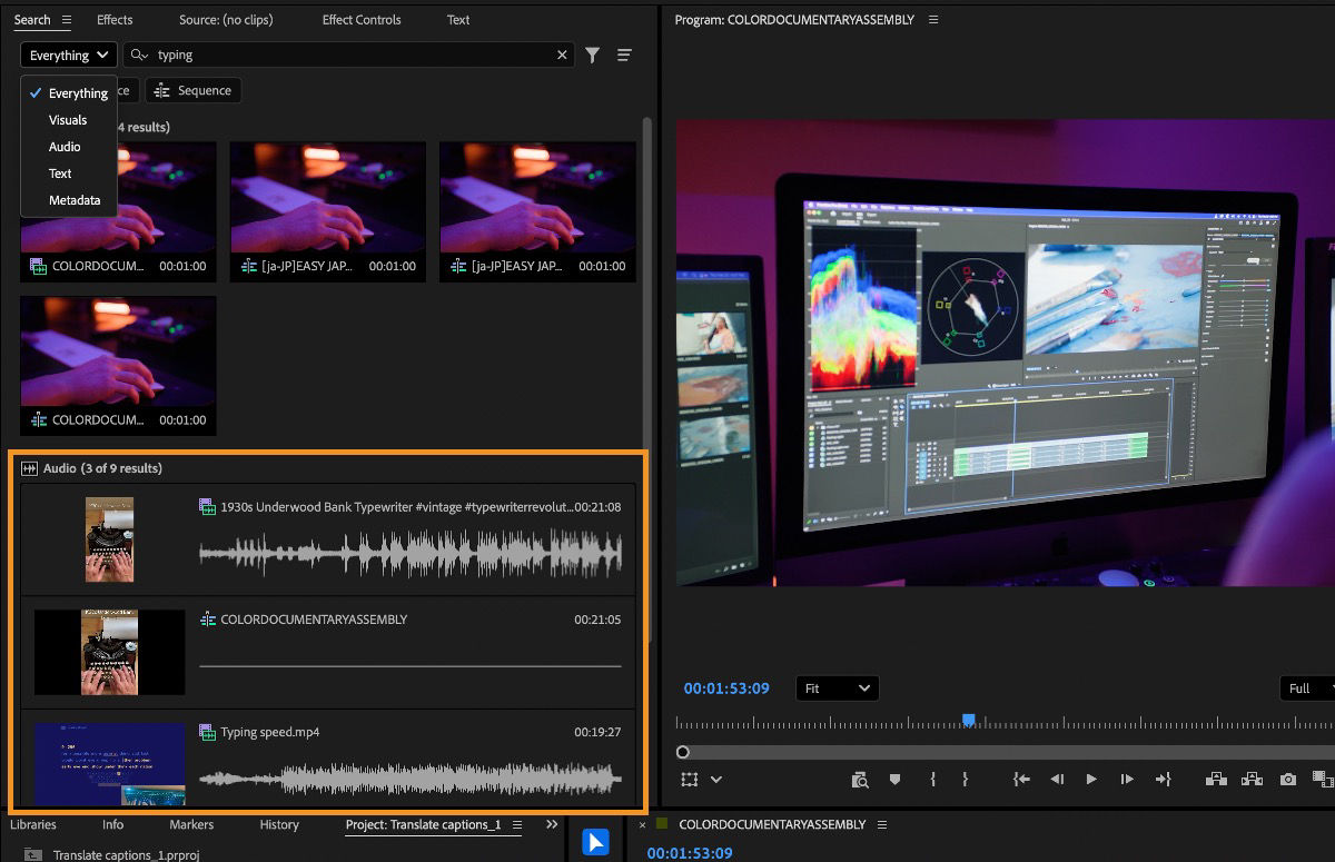 Search panel in Premiere showing clips that match the audio search query.