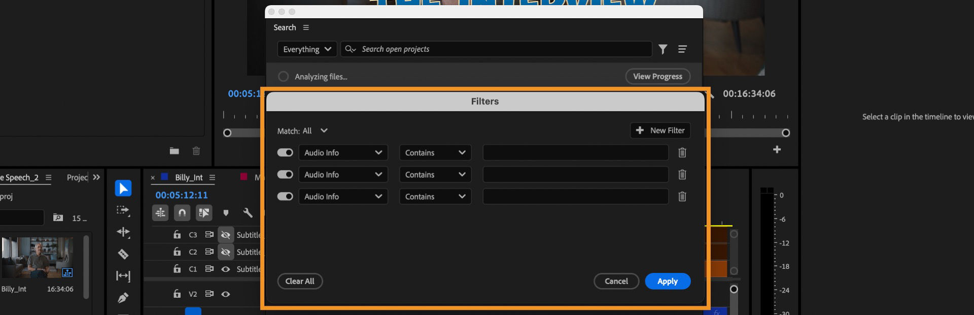 UI shows the Filters window that opens the advanced filtering options in the search window.
