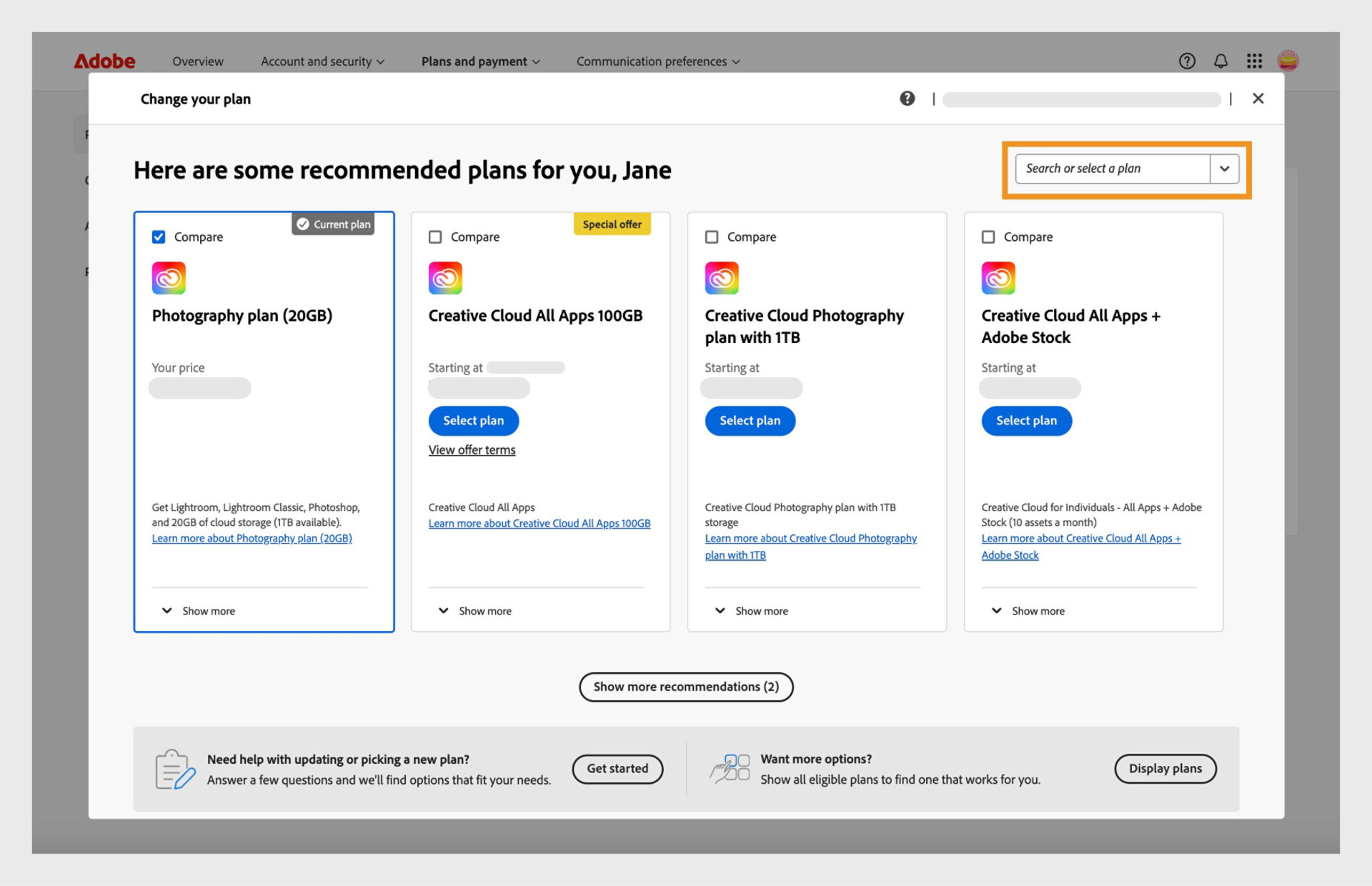 The Change your plan window showing the current plan, some recommended plans, and options to select a plan, compare plans, show more recommendations, search a plan, and select a plan using a drop-down menu. 