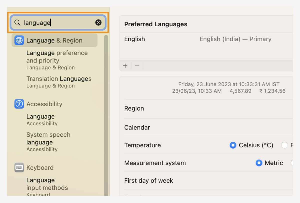 Search for the preferred language in the macOS System Settings dialog.
