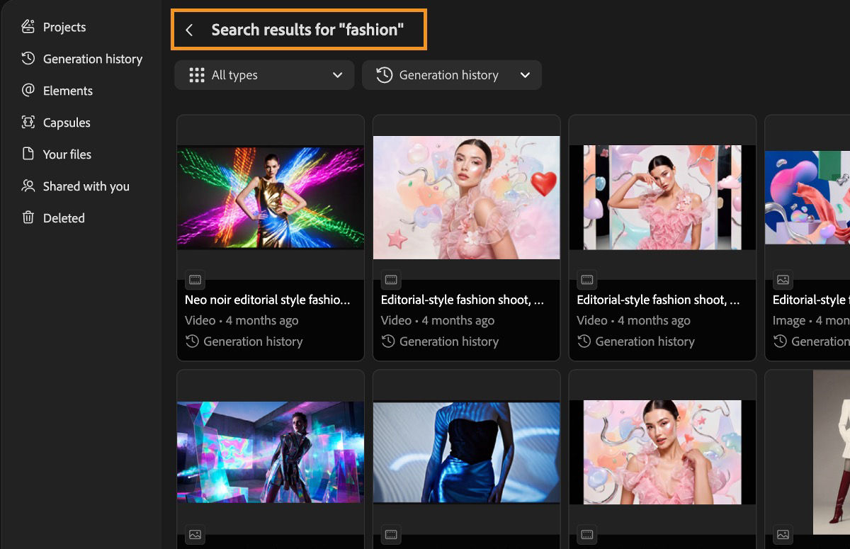 Search results page headed “Search results for “fashion”” showing the Generation history location filter chip, the All types dropdown, and a grid of matching image assets.