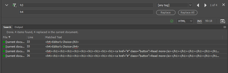Report of replaced terms in the Search Results panel