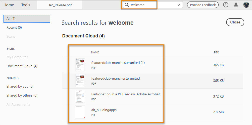 For Document Cloud files, search results include content and the filenames
