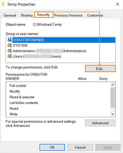 Security tab in Windows