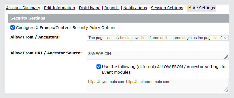 Screen for setting same origin security policies