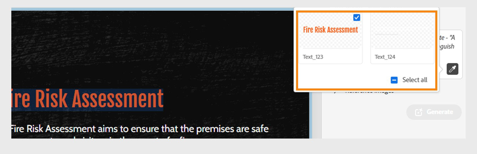 Text selection interface showing options to select individual text objects or select all text from the slide