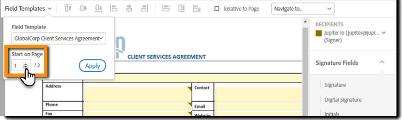 Select the document page number to apply the template to.