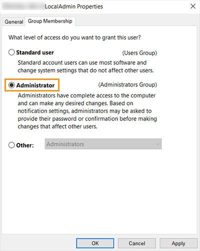 Select Administrator group membership
