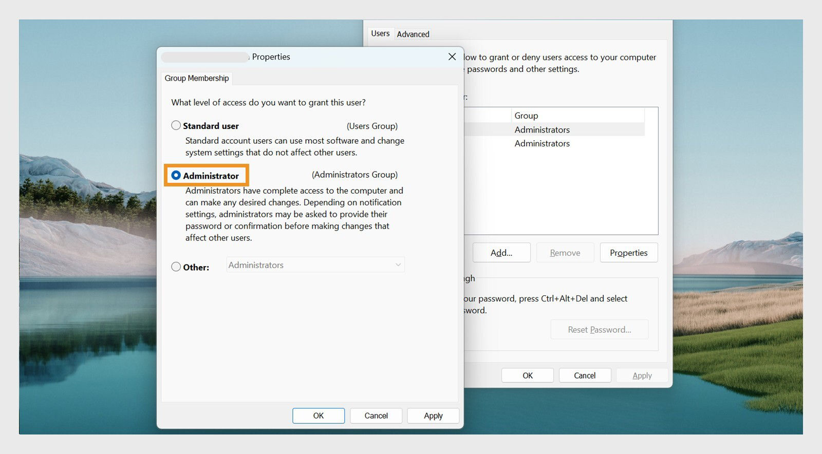 User properties window displays the types of accesses available for each user, i.e. Standard user, Administrator, and Other.