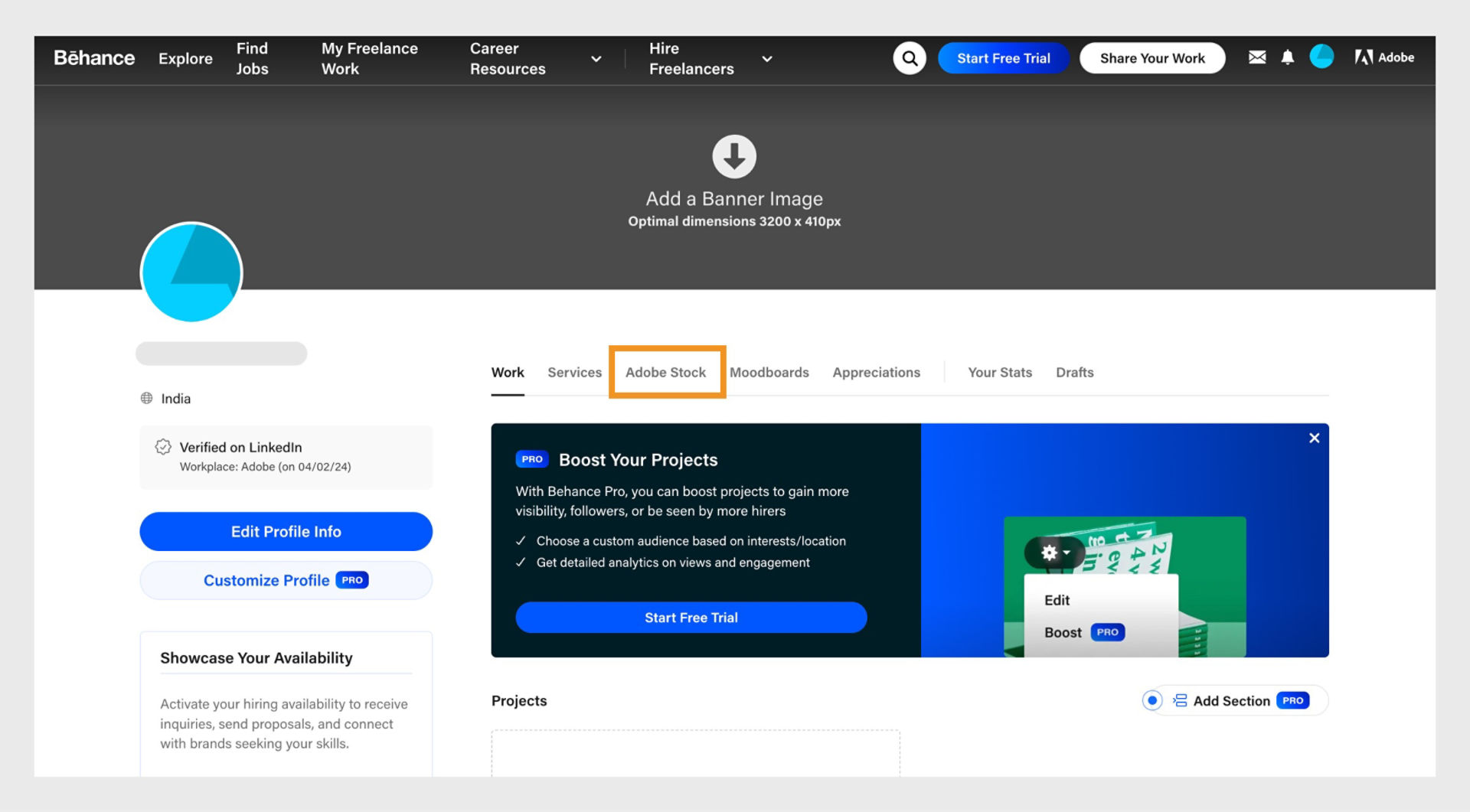 The Adobe Stock tab, available in your Behance profile page, provides the option to import and display your Stock contributor assets on Behance. 