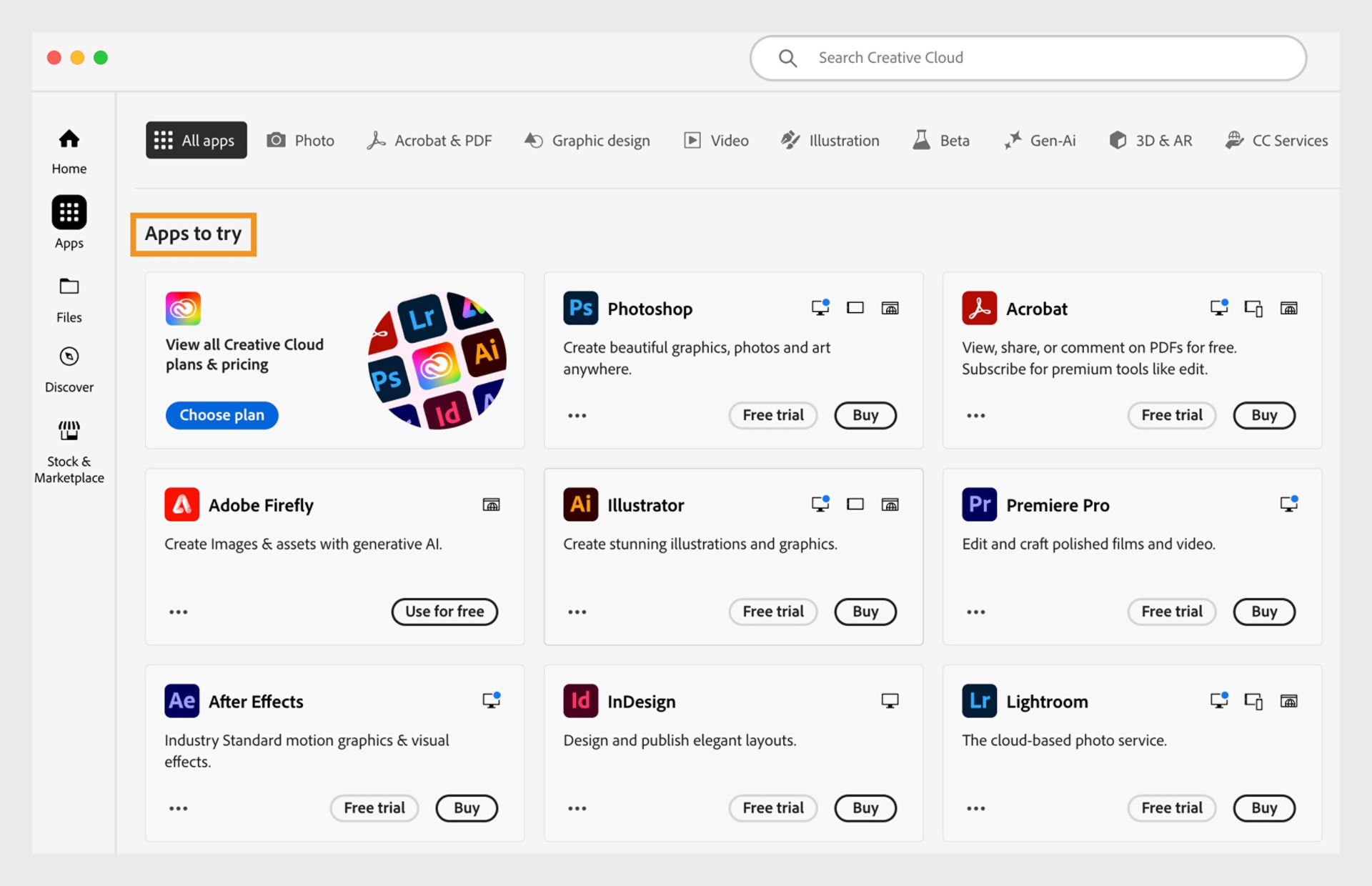 The All apps tab showing all Creative Cloud apps that are available for free trial or purchase.