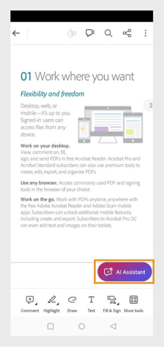 A document is open in Acrobat, and the AI Assistant button is highlighted