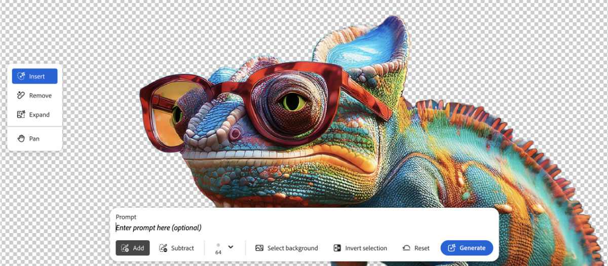 A colorful chameleon with oversized sunglasses on a background that has been removed. 