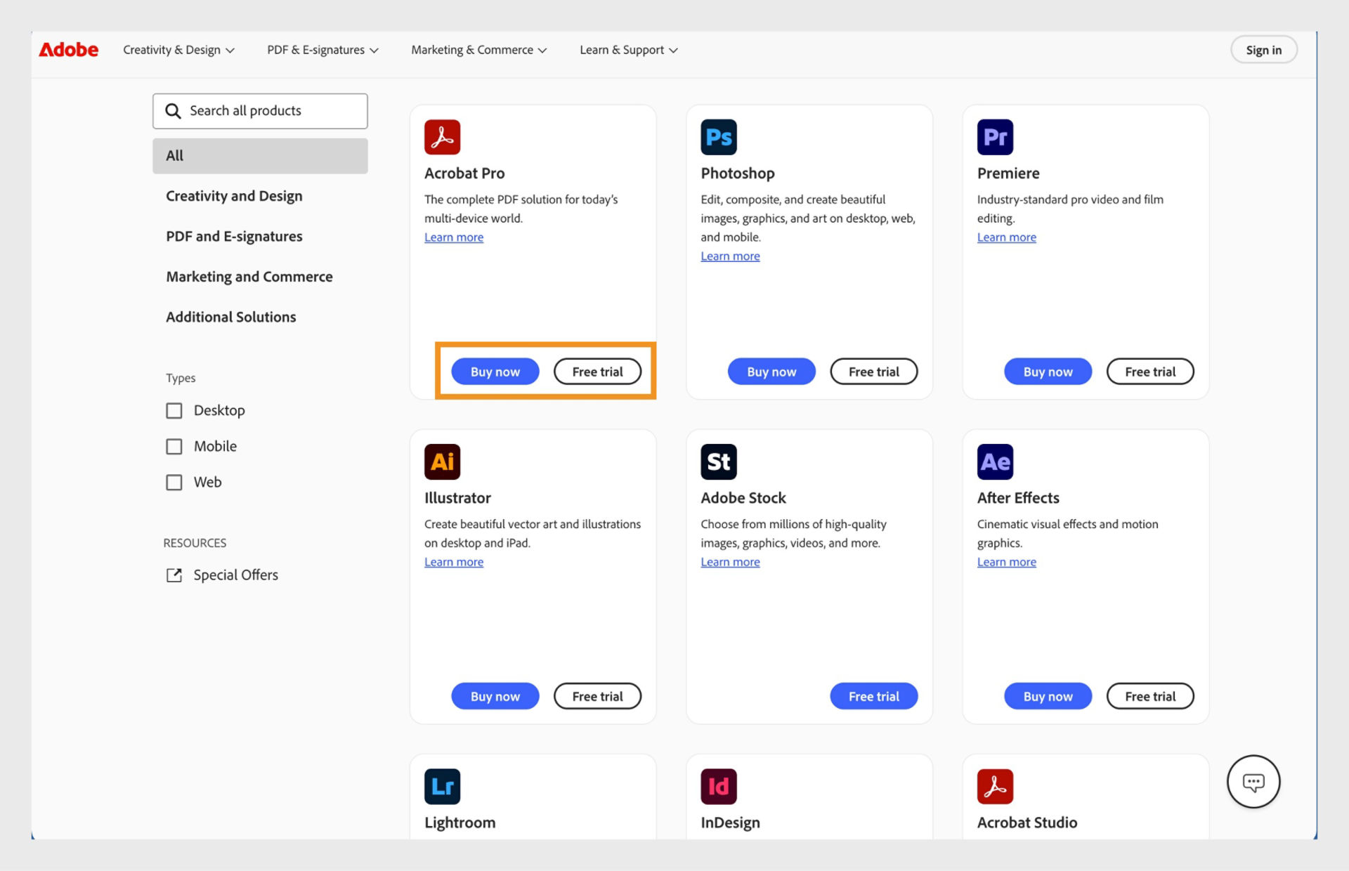 Adobe’s product catalog webpage displaying Creative Cloud subscription options with pricing and download links..