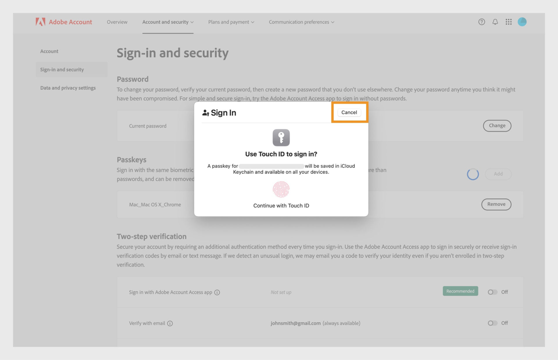 The Cancel button, located at the upper-right corner of the Sign In prompt, allows you to view additional ways to set up a passkey. 