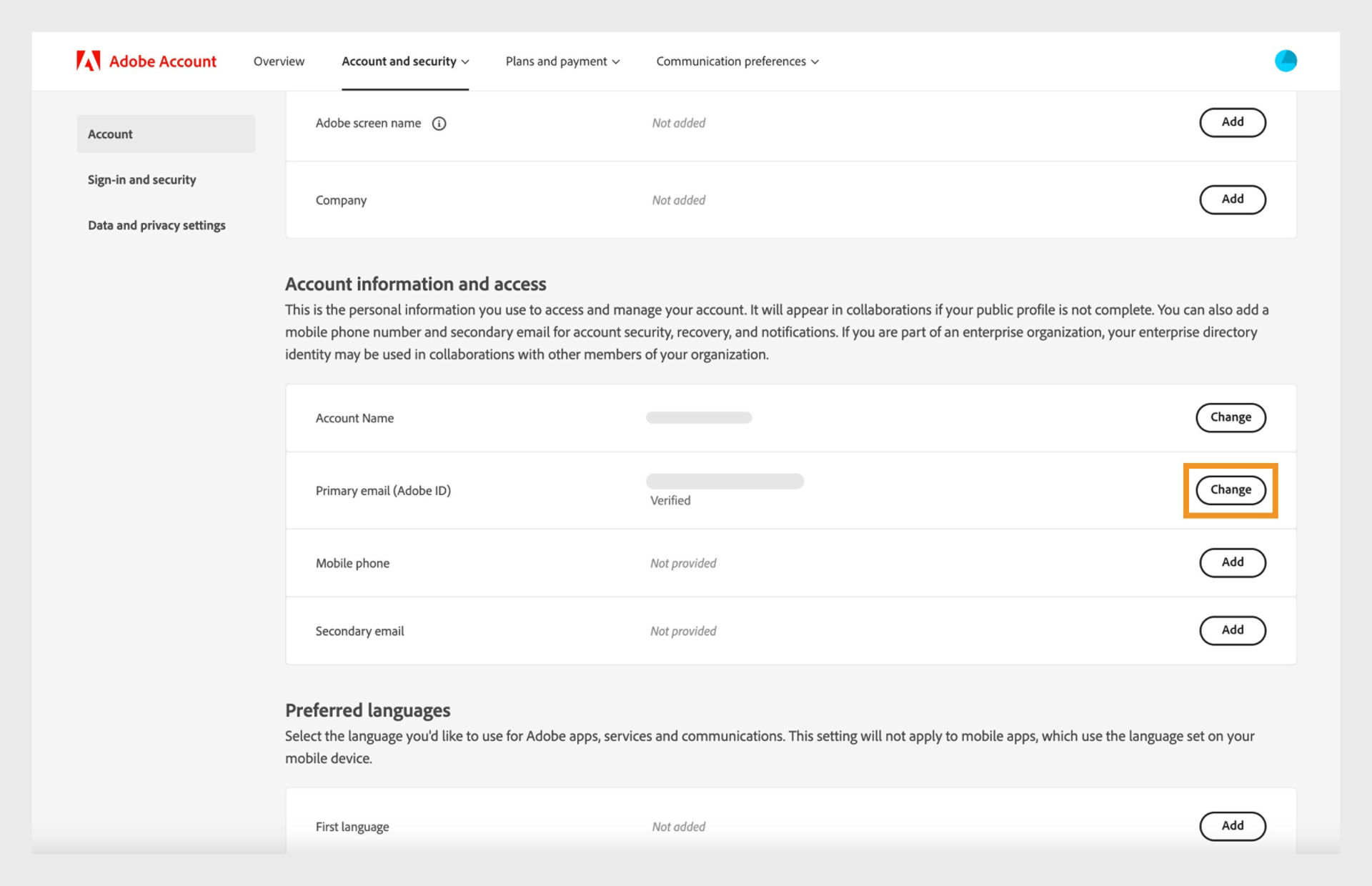 The Account and security page showing options to change account name and primary email or Adobe ID, add phone number. secondary email address, Adobe screen name, languages, and company, and switch to Sign in and Security and Data, and Privacy tabs. 