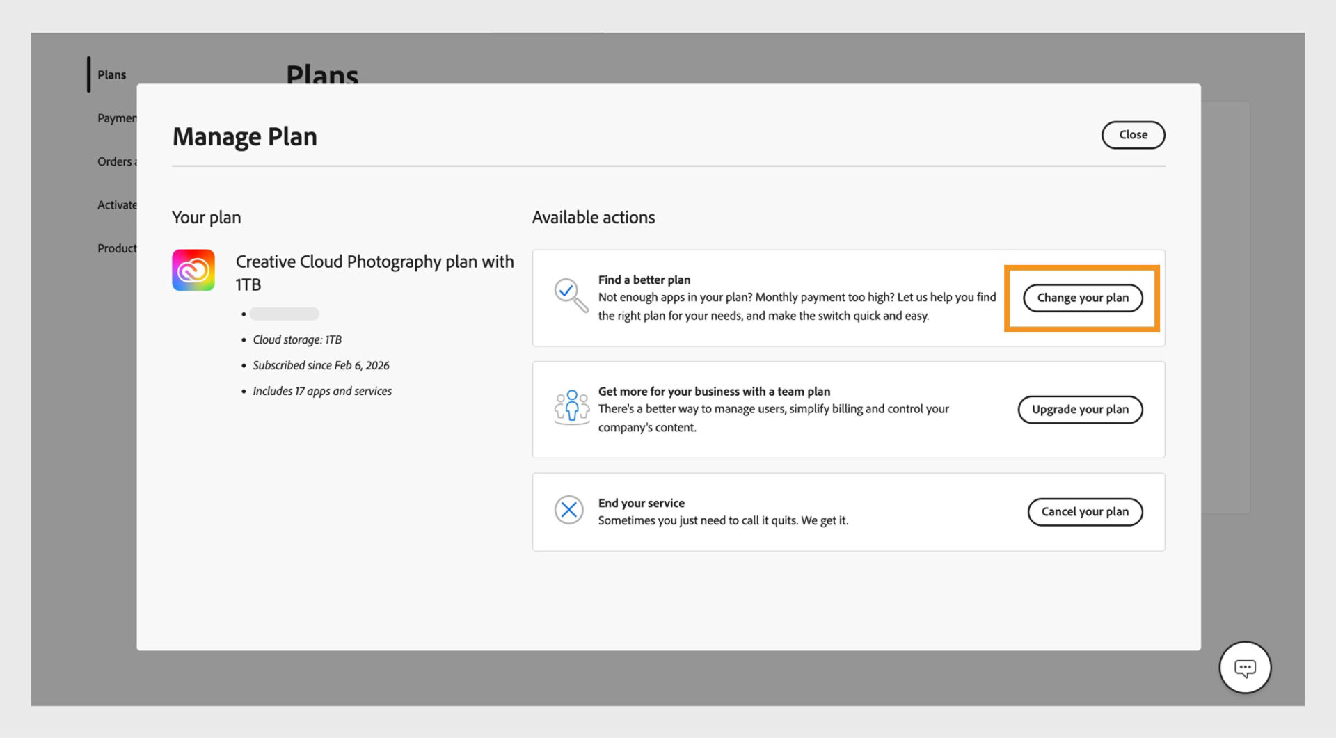 The Manage Plan window displaying the available actions, where the Change your plan button is highlighted.