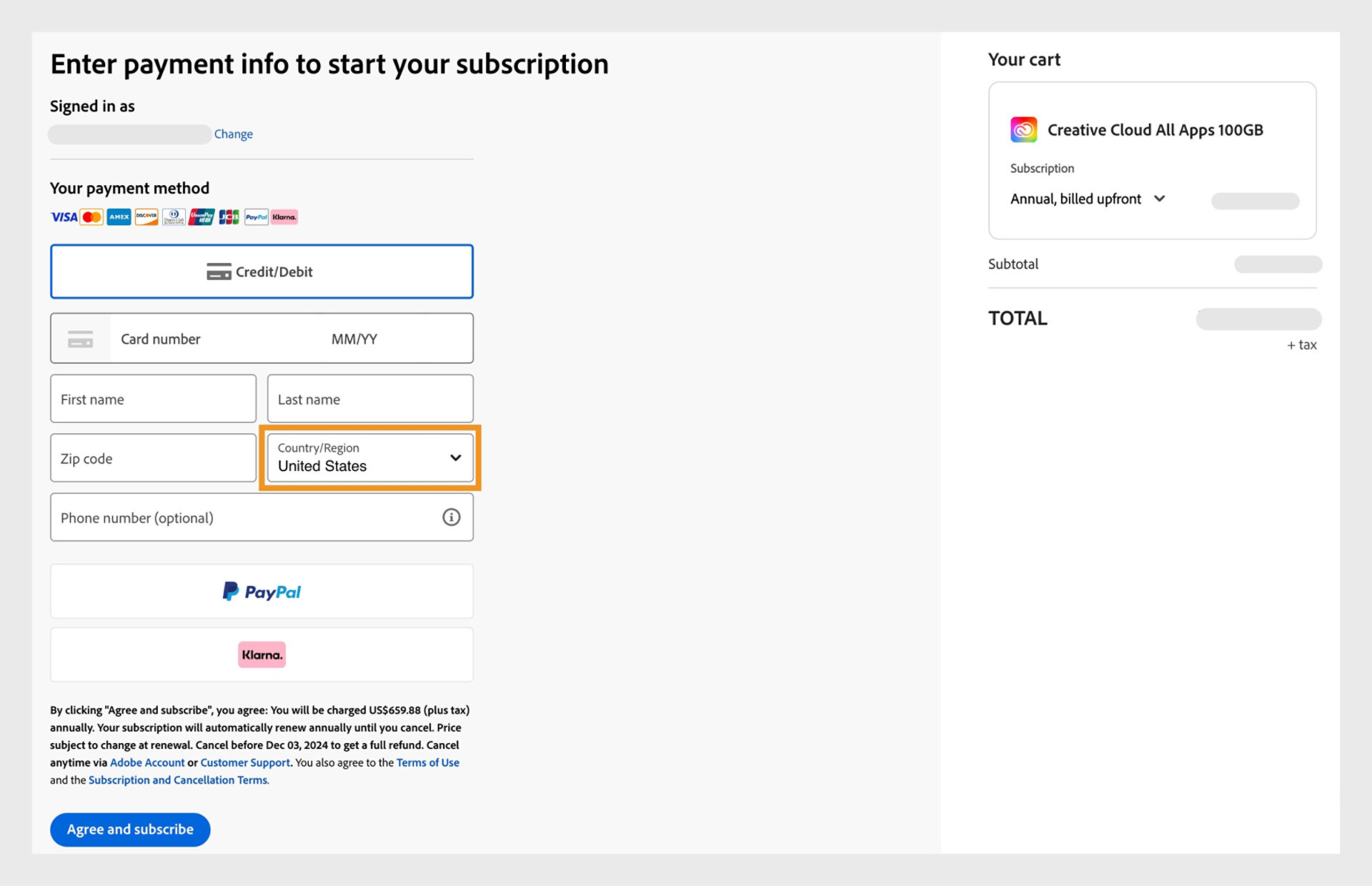 The Enter payment info to start your subscription page showing the available payment methods, fields to enter payment details, items in your cart and their prices, signed in account with option to change email, and the subscribe button to complete the purchase. 