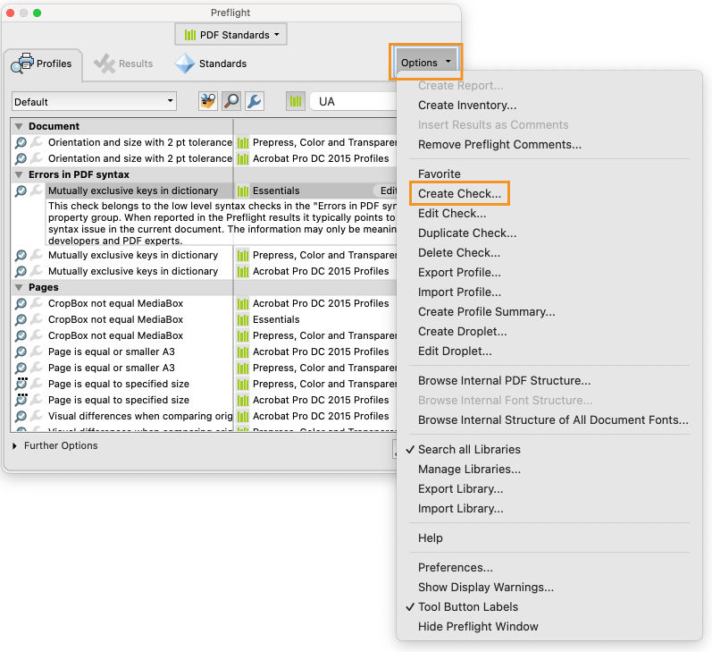 The Preflight dialog box is shown and the Select Create Check option is highlighted