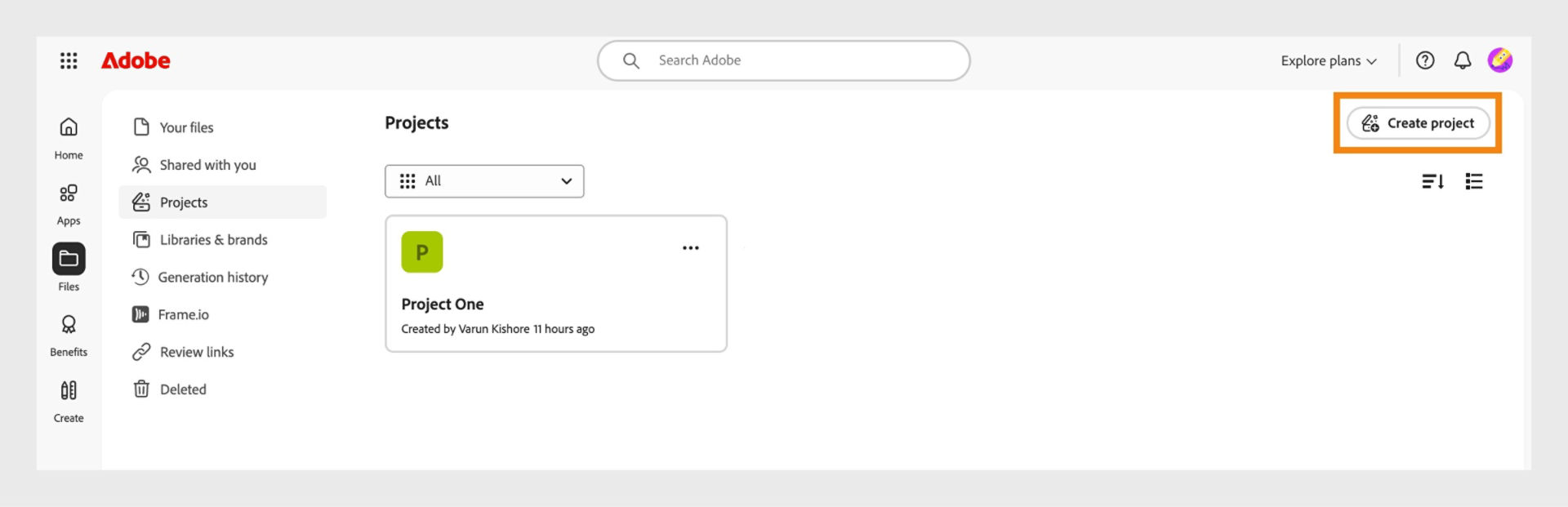 The Create project button, available at the upper-right corner in the Projects tab, allows you to create a new project. 