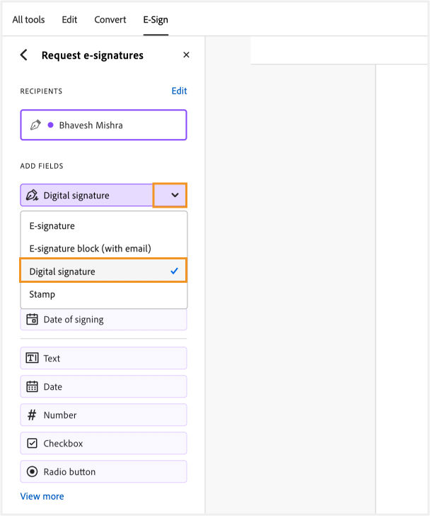 Digital signature is selected from the drop down menu