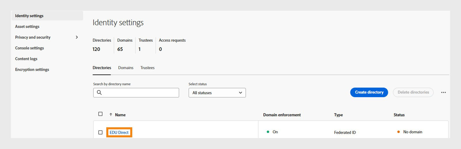 Identity settings screen with a directory hoghlighted