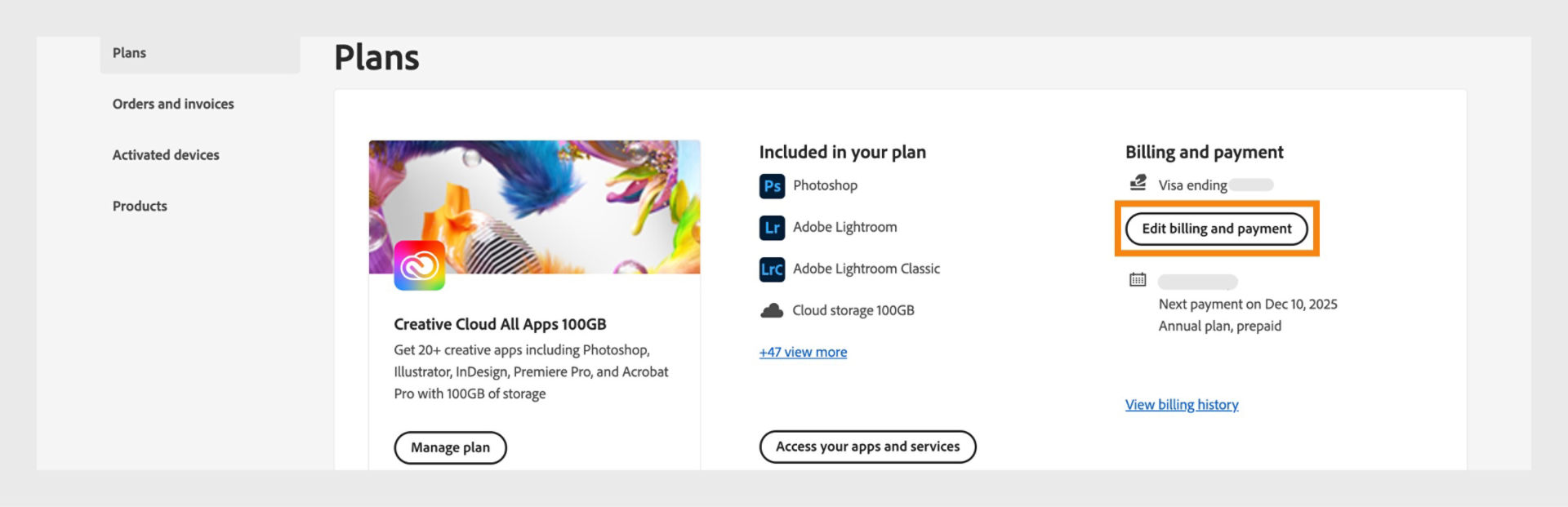 The Plans page in your Adobe account showing the plan details, and options to manage plan, access apps and services, and edit billing and payment details. 