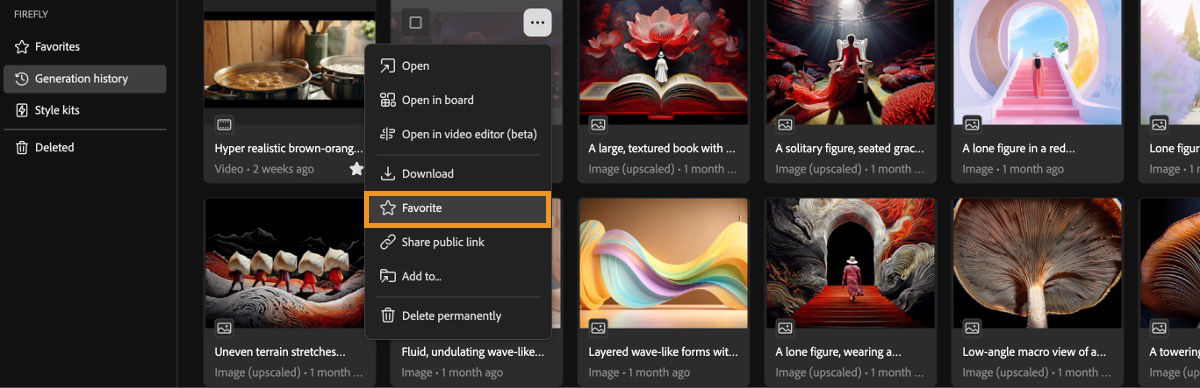 The Generation history tab displays a file’s context menu with a highlight ove the Favorite option.