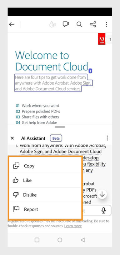 Feedback window is shown in Acrobat mobile