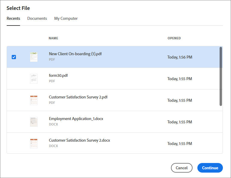Select a file from the Recents or Documents list