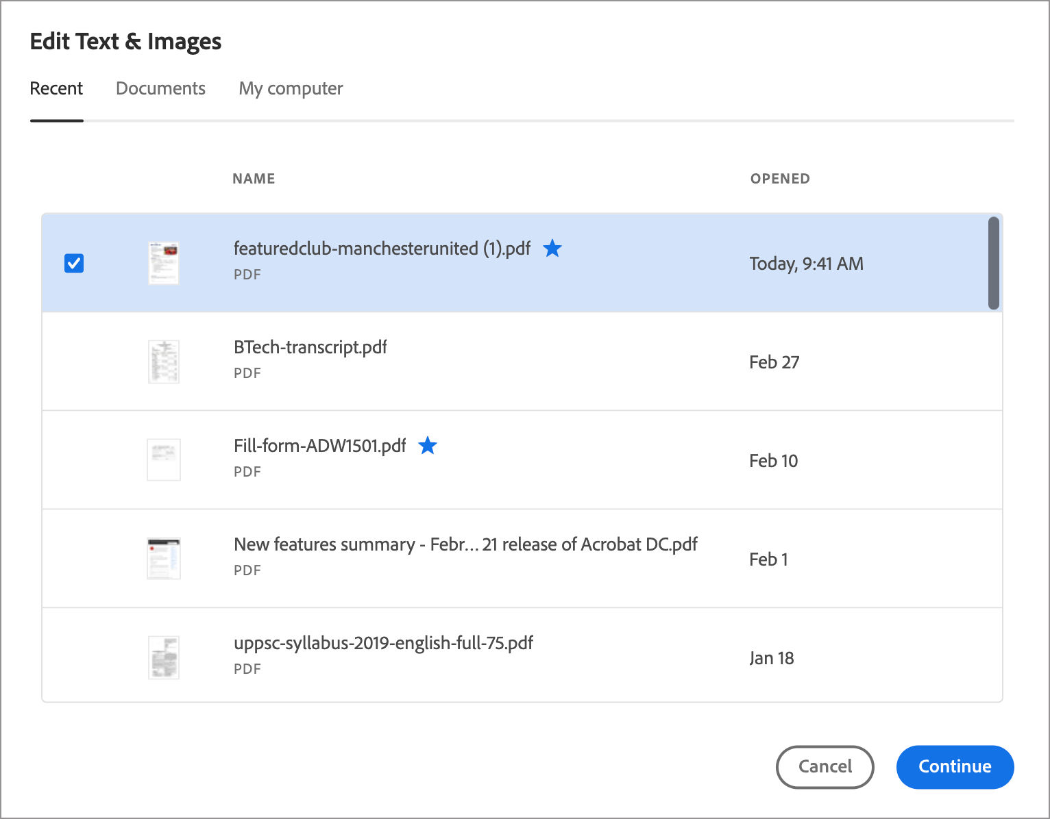 Select a file from the Recents or Documents list