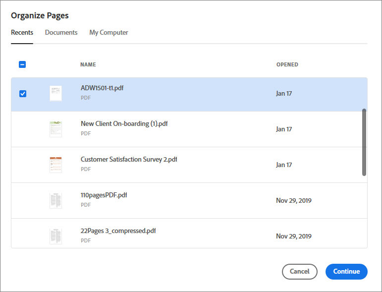Select a file from the Recents or Documents list