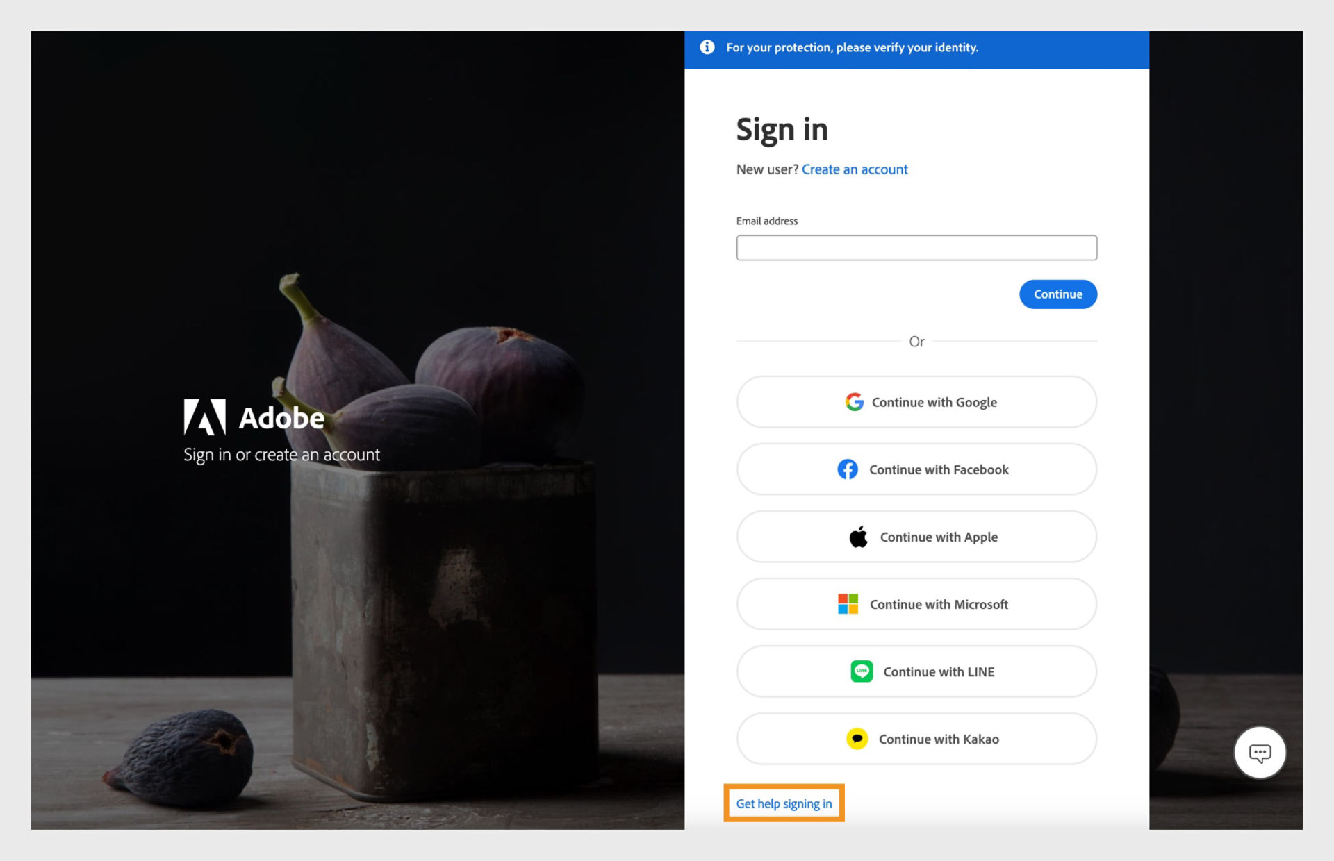 The Adobe account sign in page with option to sign in with your email address, your social accounts, create an account,  or get help with signing in.