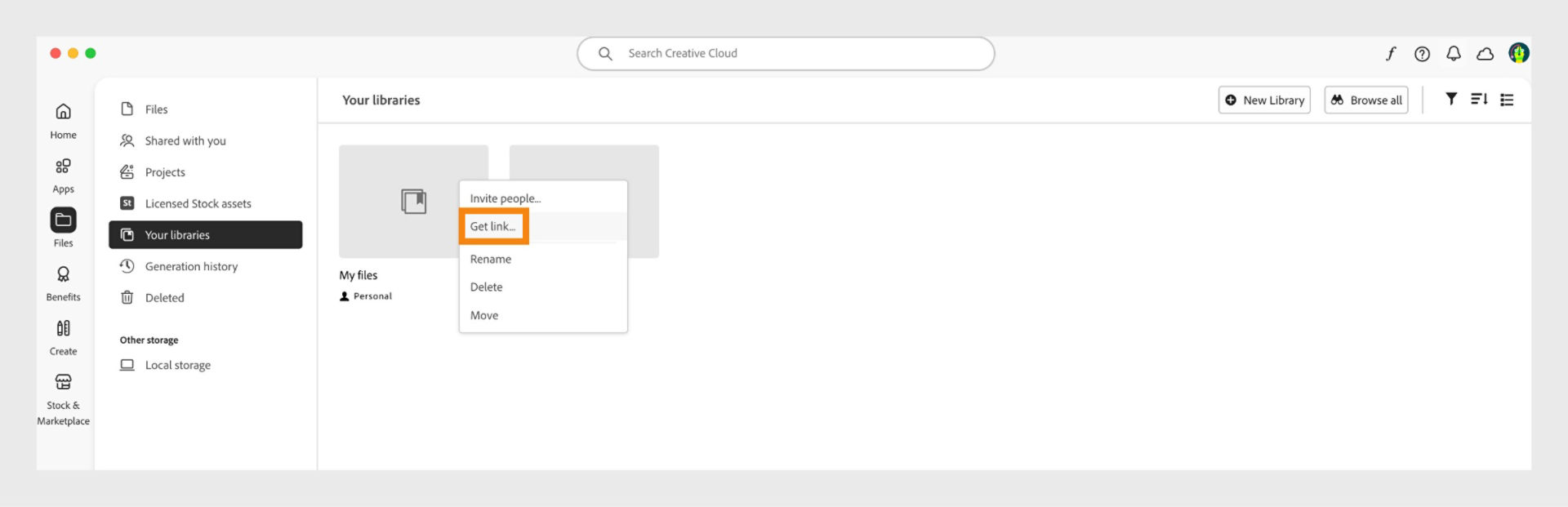 The library context menu, that opens when you right-click a library, provides the option to get a shareable link for the library. 