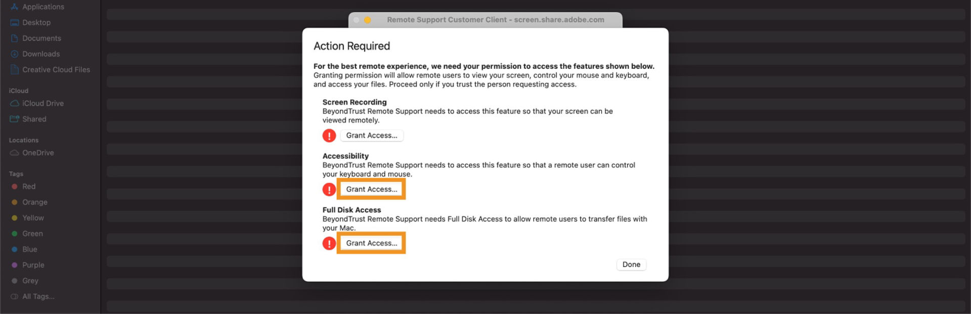 The Action Required window showing the features for which access are required, with the Grant Access buttons under each feature. 