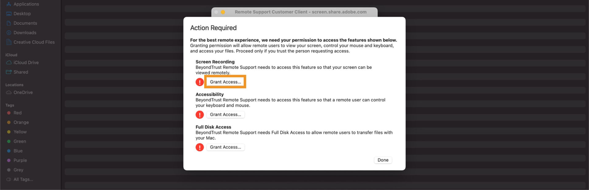 The Action Required window showing the features for which access are required, with the Grant Access buttons under each feature. 