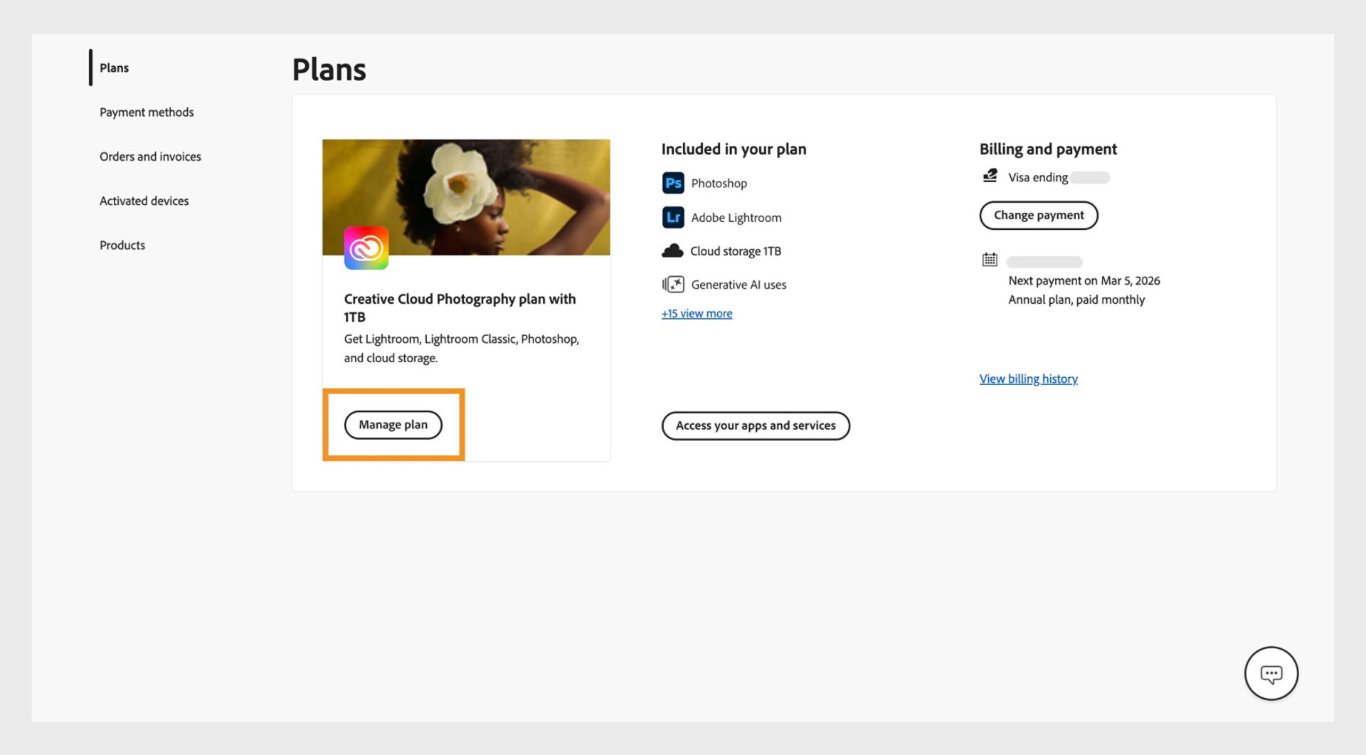 The Plans window, where the Manage plan button is highlighted under the currently active plan.