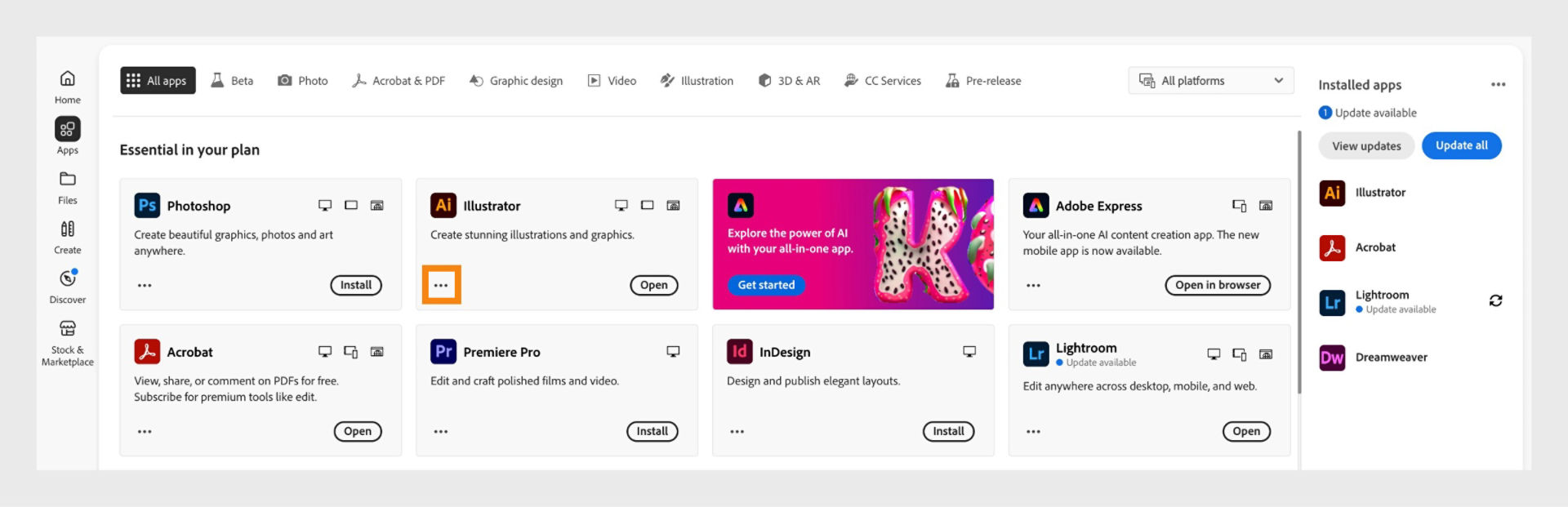 The All apps tab showing all Creative Cloud apps with the three dots button for each app. 