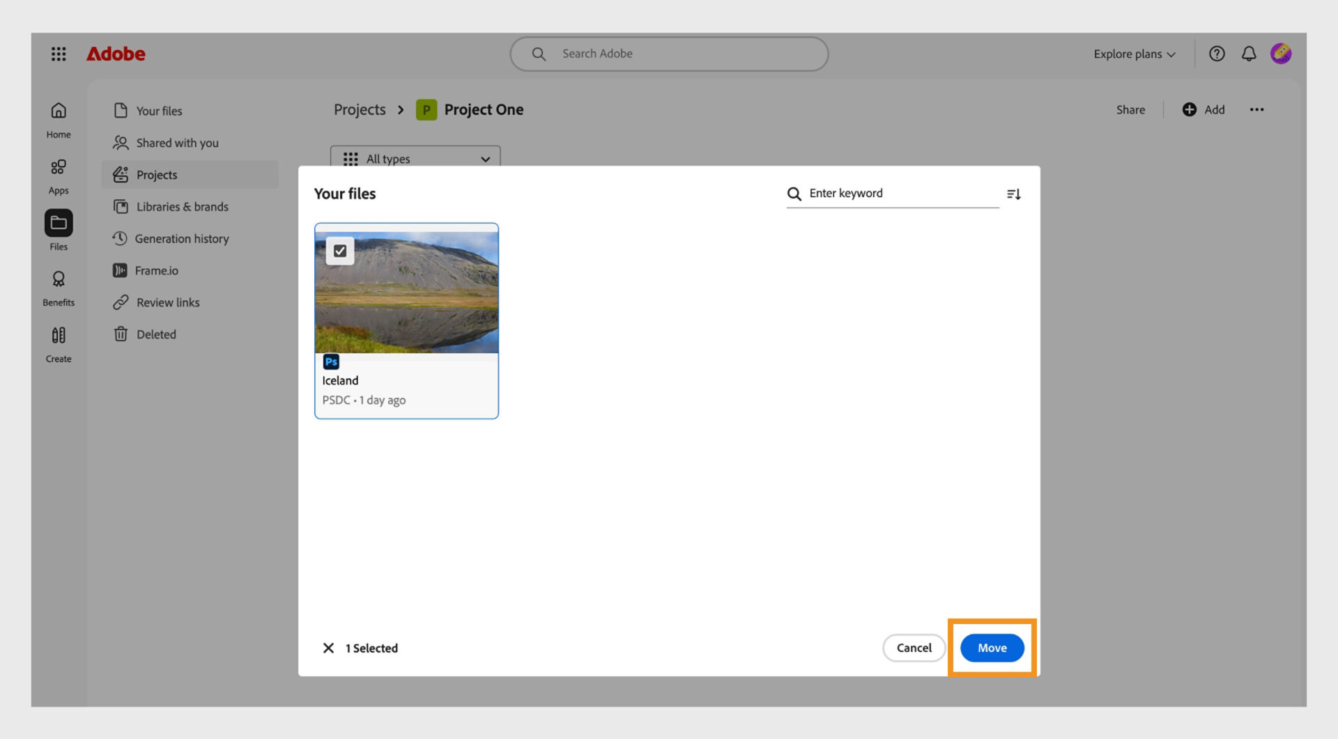 The Move button, in the bottom-right corner of the Your files window, allows you to move the selected files to the project. 