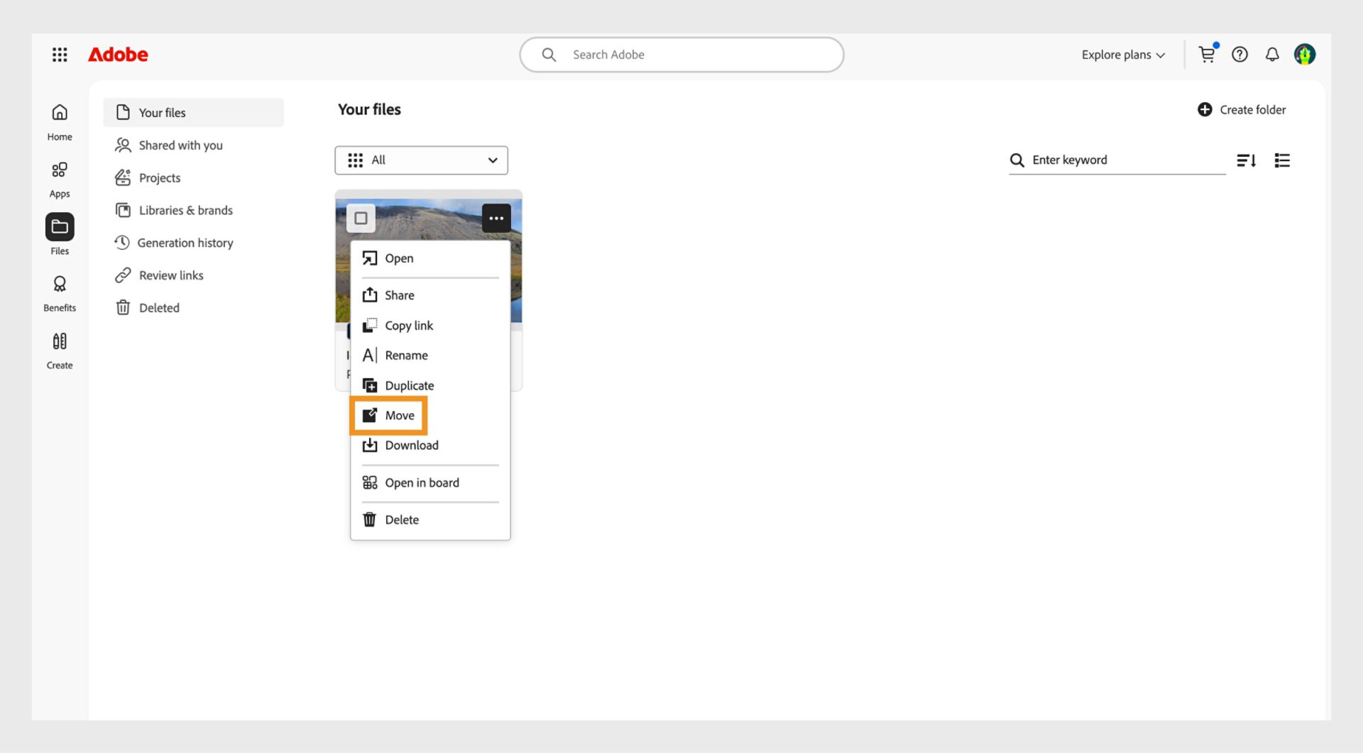 Adobe web interface showing a file’s options menu open, with the Move option highlighted for relocating the selected document.