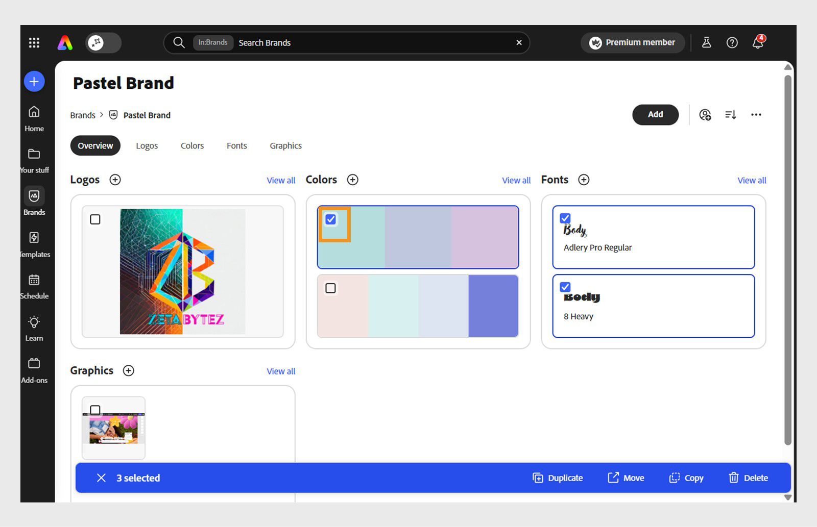 Brand editor open in Adobe Express, with multiple brand kits showcasing in the Overview panel and checkbox selected for multiple color and fonts.