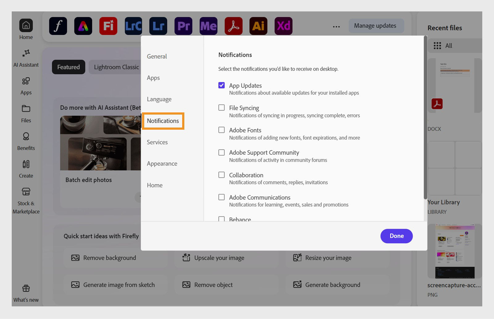 The notification panel within the Creative Cloud desktop app displays different kinds of notifications you receive.